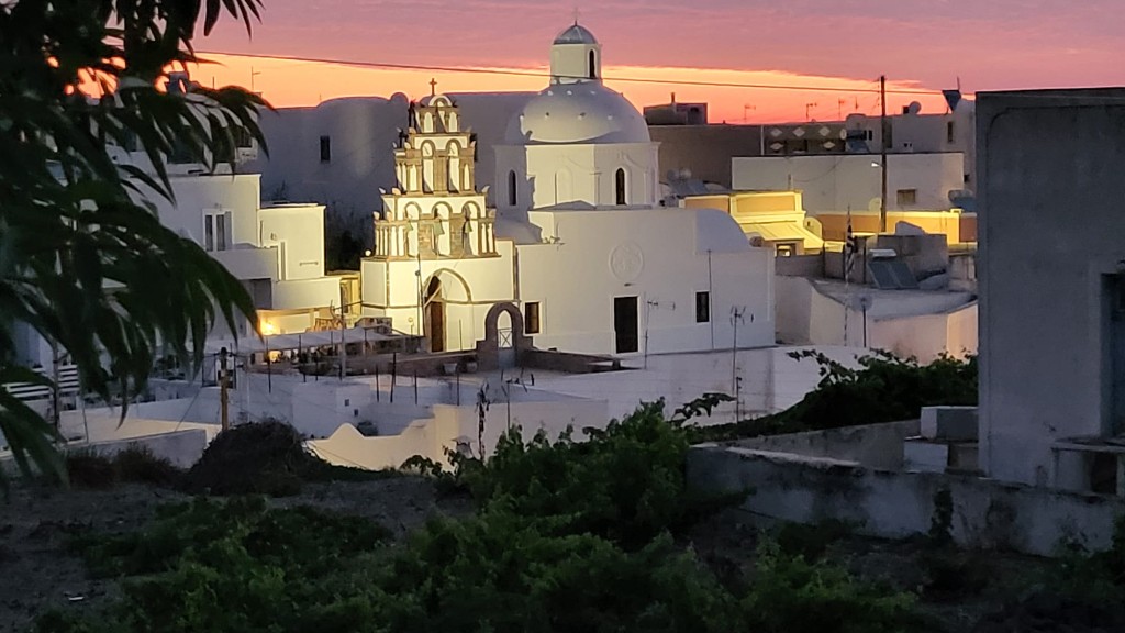 Village church at sunset in Karterados